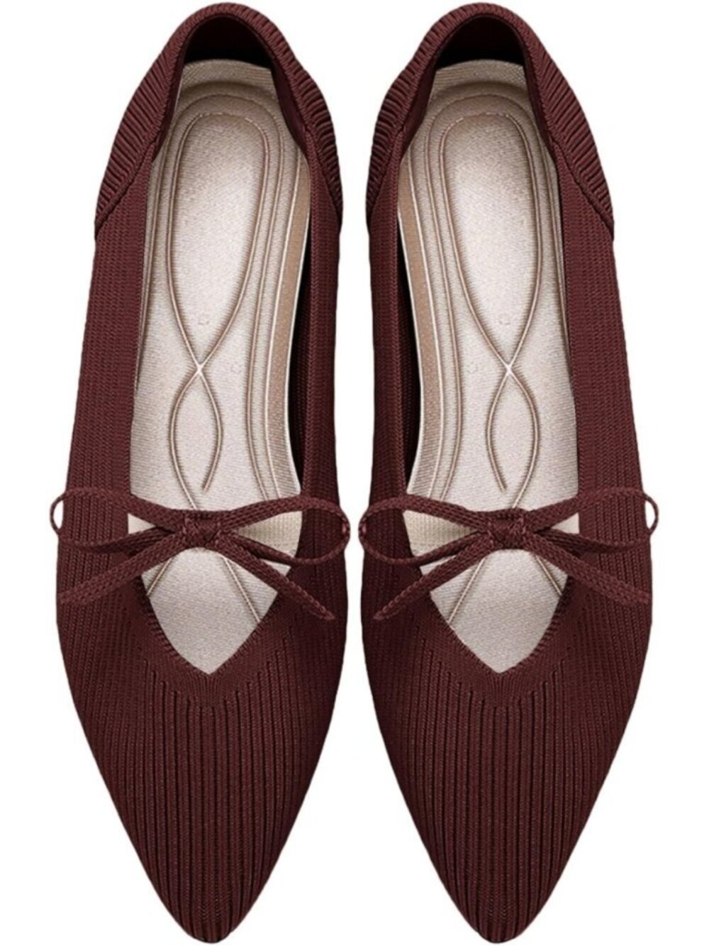 Women's Red Pointed Toe Knit Ballet Flats Comfortable Pull On Casual Shoes